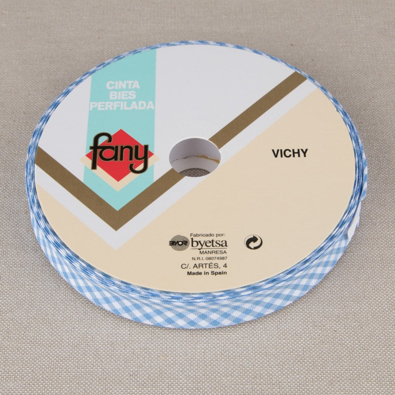 Cinta Bies Vichy Celeste 18mm - Ribes y Casals