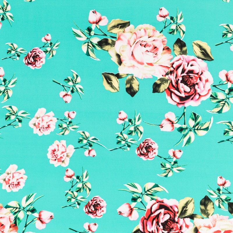 Crepe Flores Vintage Verde Agua - Ribes y Casals