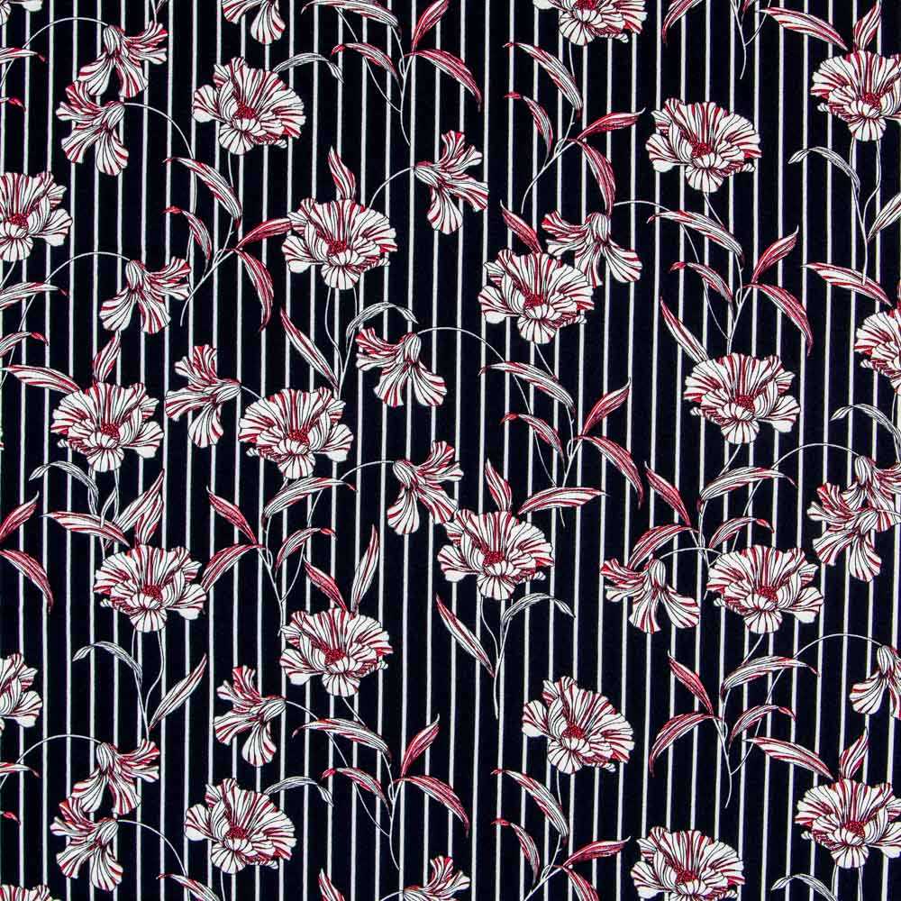 Crepe Rayas Flores Azul - Ribes y Casals