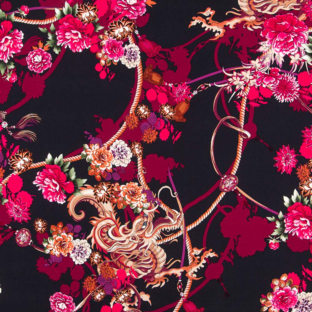 Crepe Viscosa Dragón Floral Fucsia - Ribes y Casals