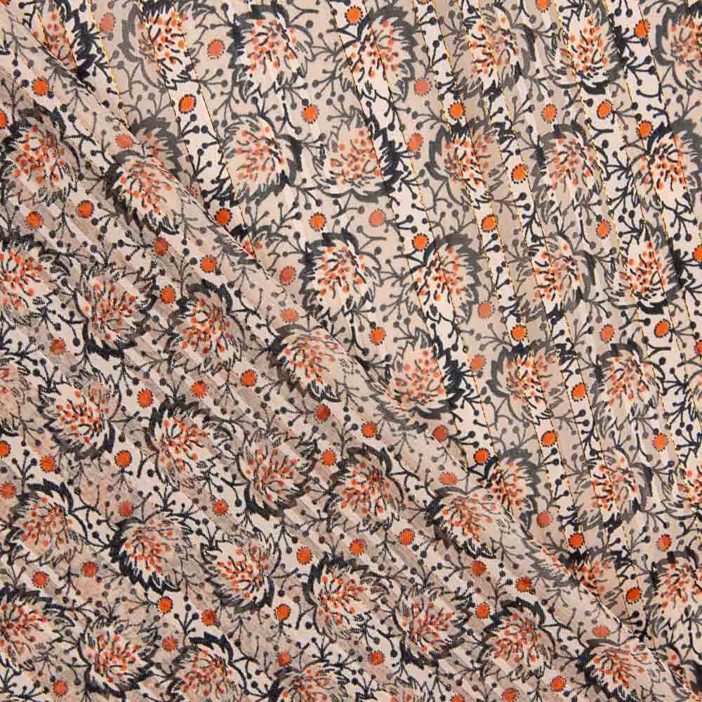 Gasa Satén Lúrex Hojas Beige - Ribes y Casals