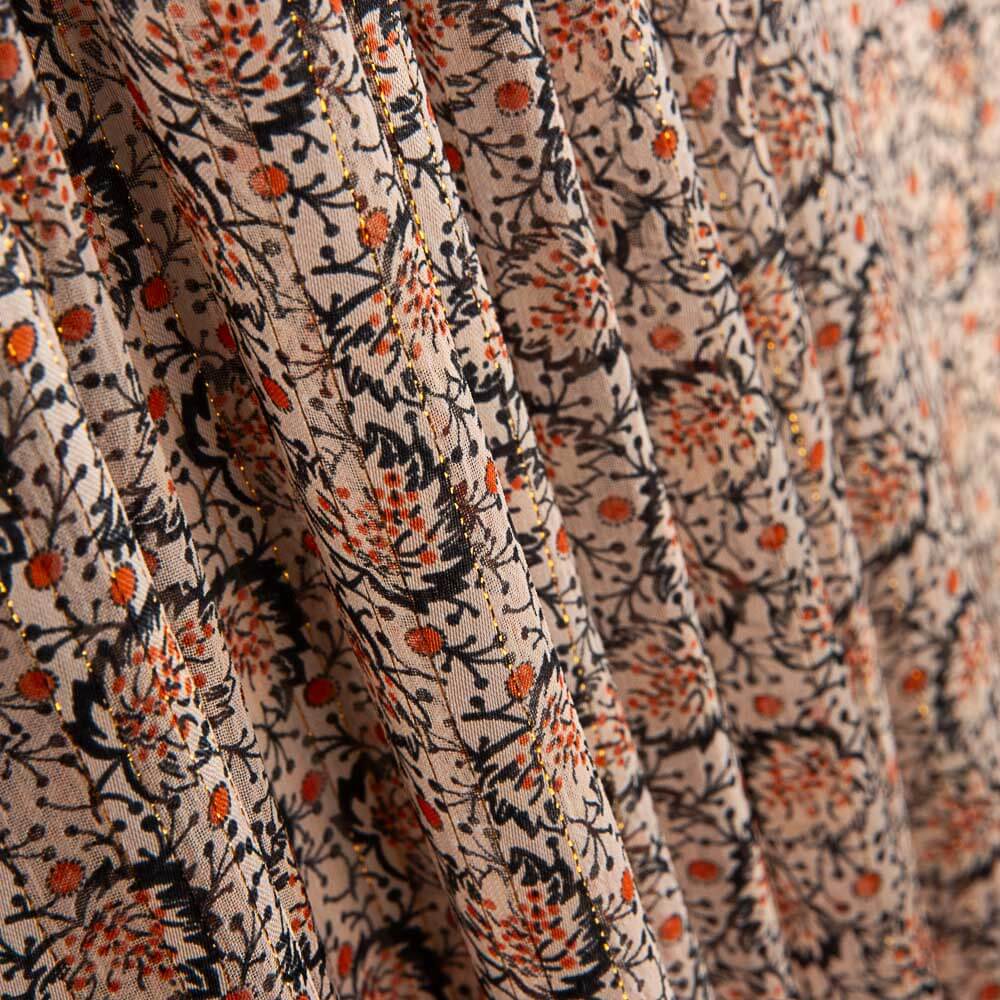 Gasa Satén Lúrex Hojas Beige - Ribes y Casals