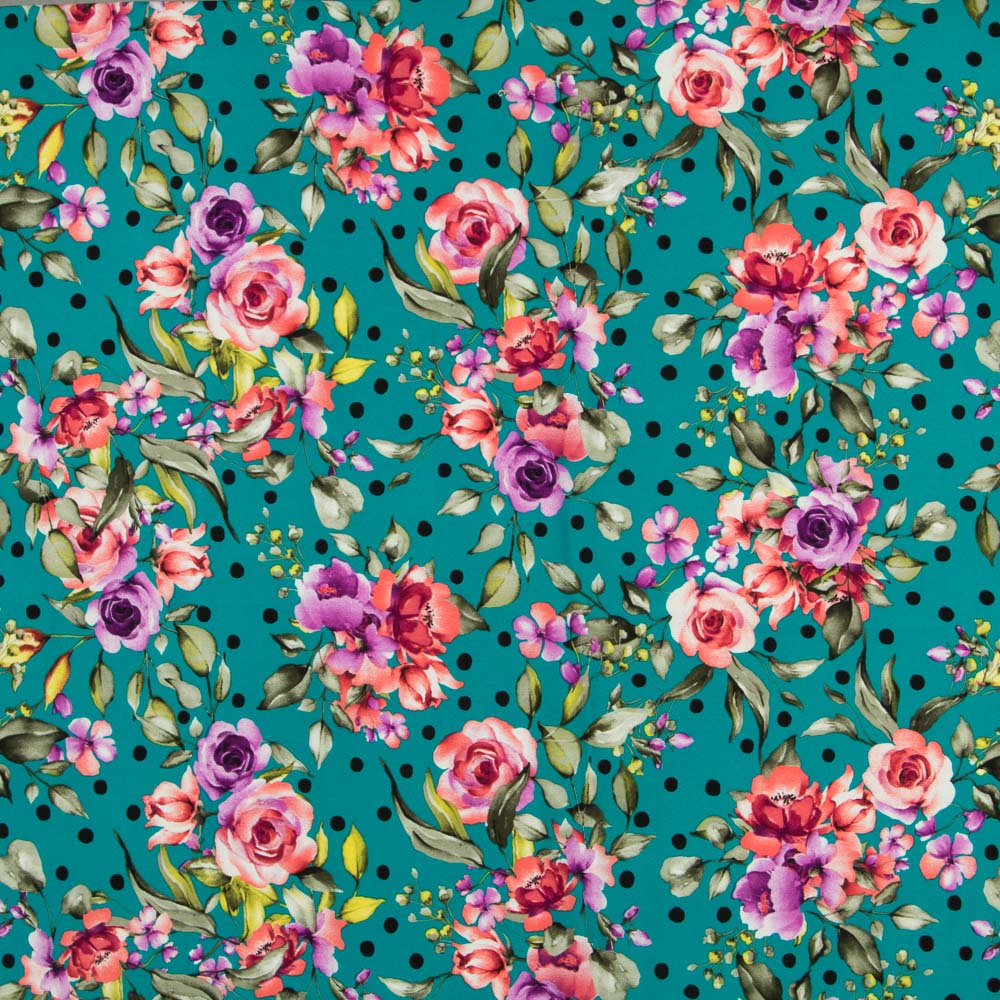 Crepe Lunares y Flores Aguamarina - Ribes y Casals