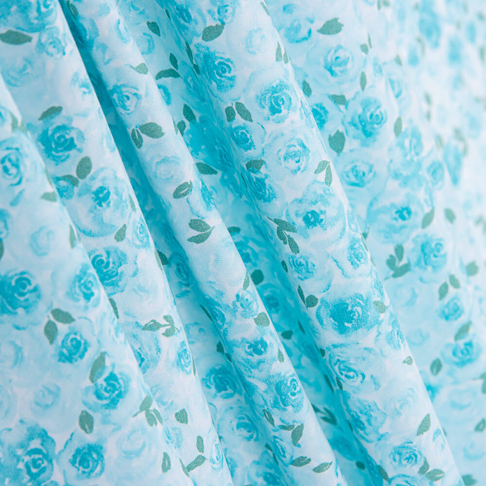 Popelín Algodón Orgánico Infantil Jardín Rosas Azules - Ribes y Casals