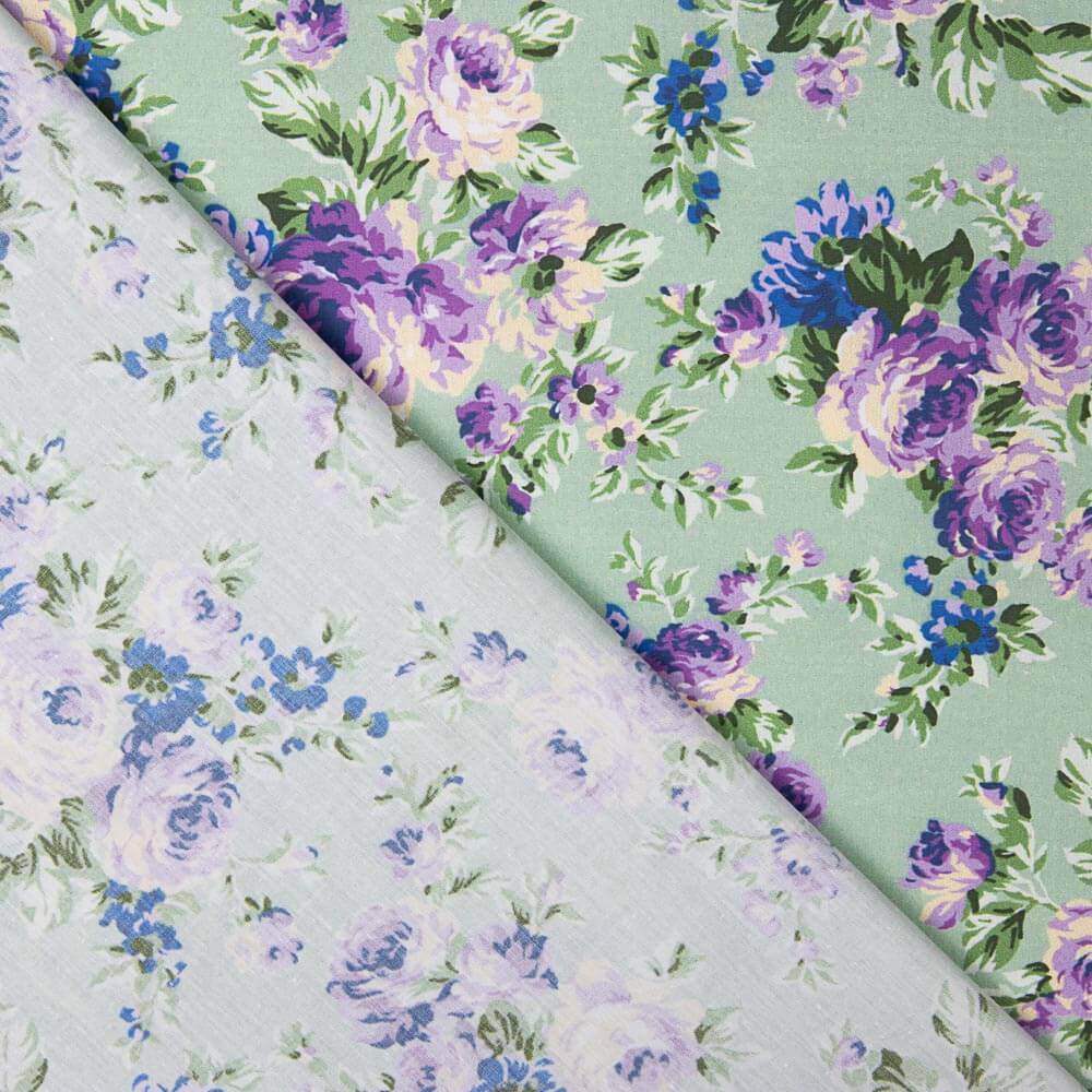 Popelín Estampado Flamenca Cretona Azul Fondo Verde Claro - Ribes y Casals