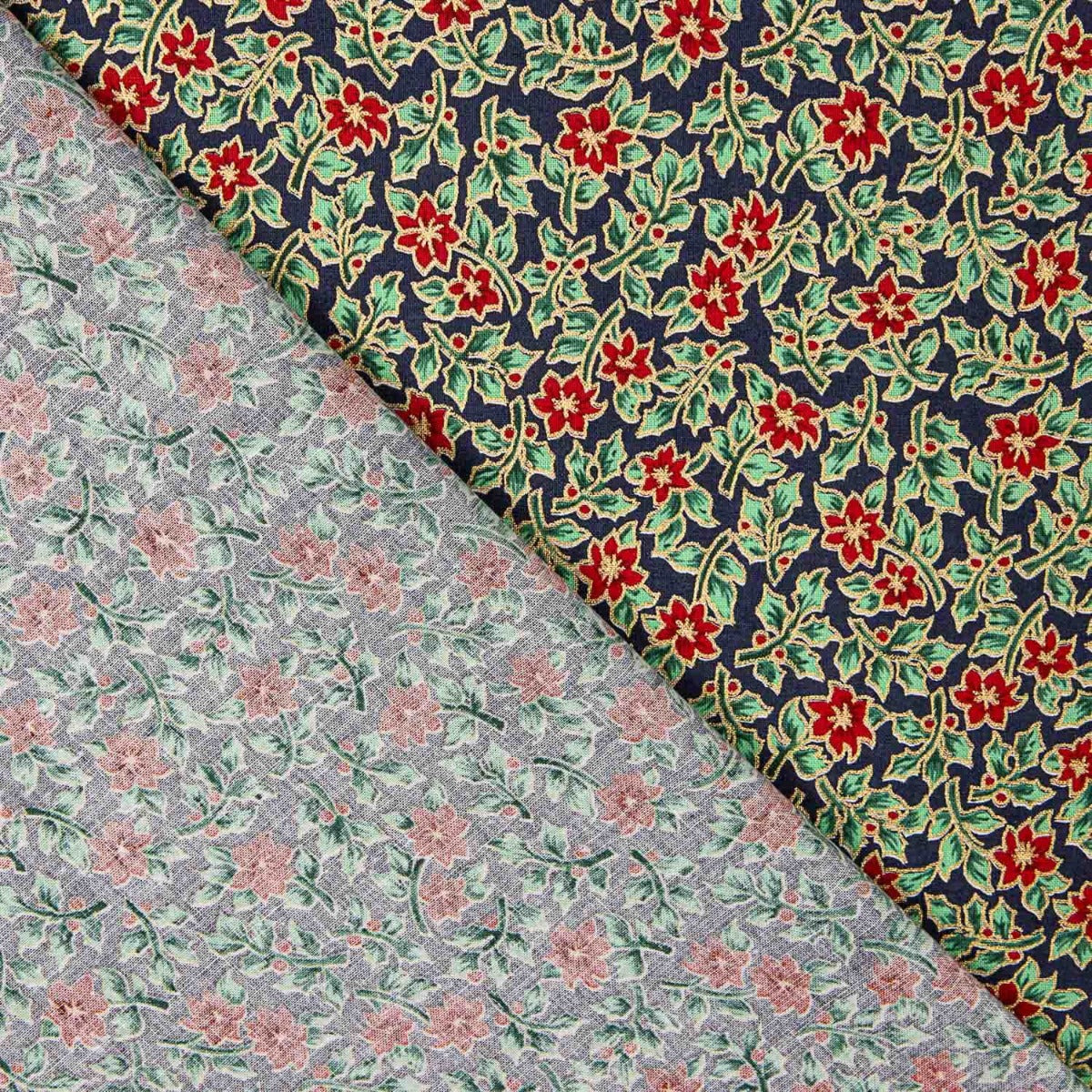 Popelín Navidad Poinsettias Azul - Ribes y Casals