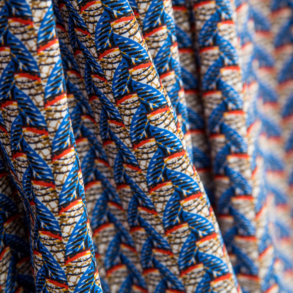 Popelín Viscosa Abanicos Wax Azul - Ribes y Casals