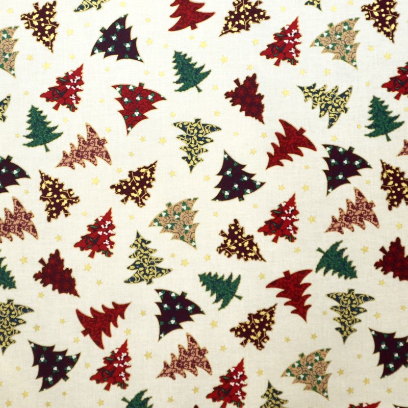 Popelín Navidad Abetos Multicolor Fondo Crudo - Ribes y Casals
