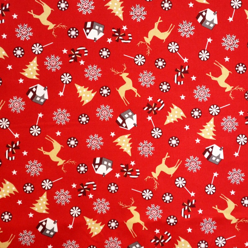 Popelín Navidad Ciervo Fondo Rojo - Ribes y Casals