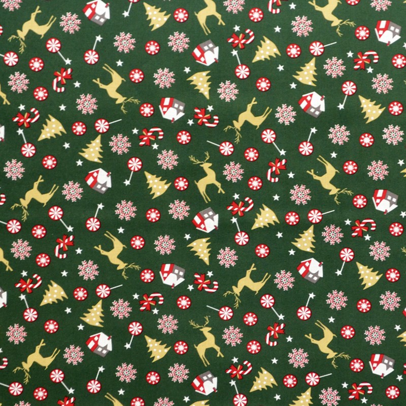 Popelín Navidad Ciervo Fondo Verde - Ribes y Casals