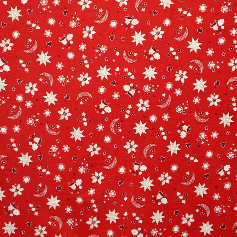 Popelín Navidad Estrellas Luna Fondo Rojo - Ribes y Casals