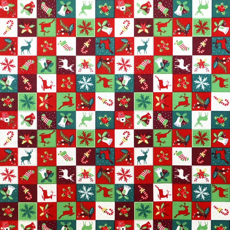Popelín Navidad Mosaico Verde Rojo - Ribes y Casals