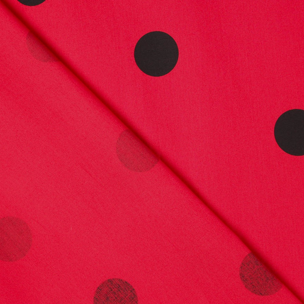 Popelín Spandex Lunares Negro 30mm Roja - Ribes y Casals