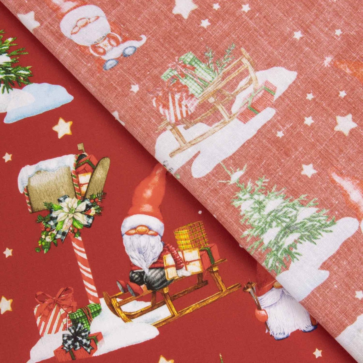 Popelín Navidad Gnomos Rojo - Ribes y Casals