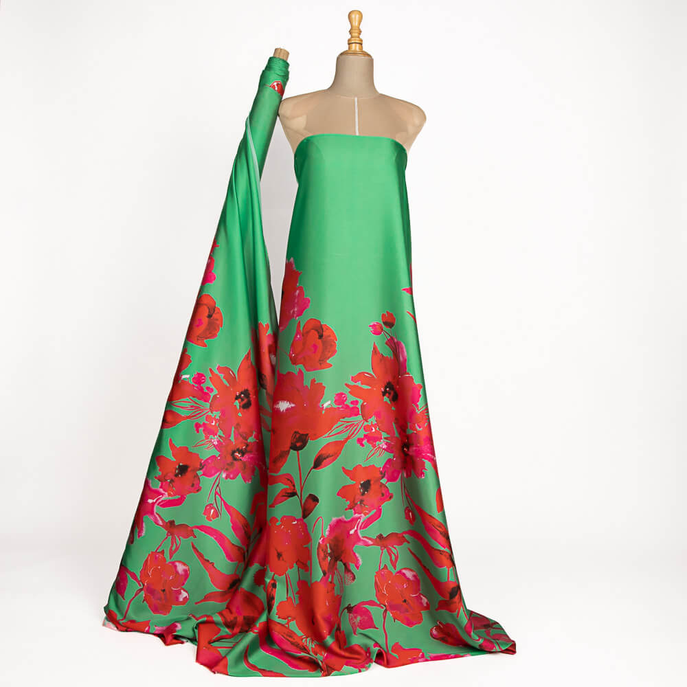 Satén Estampado Amapola Verde Esmeralda - Ribes y Casals