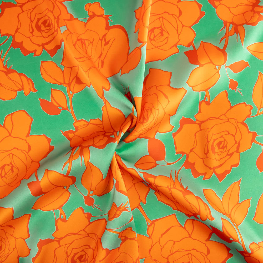 Satén Estampado Flor Caipi Naranja - Ribes y Casals