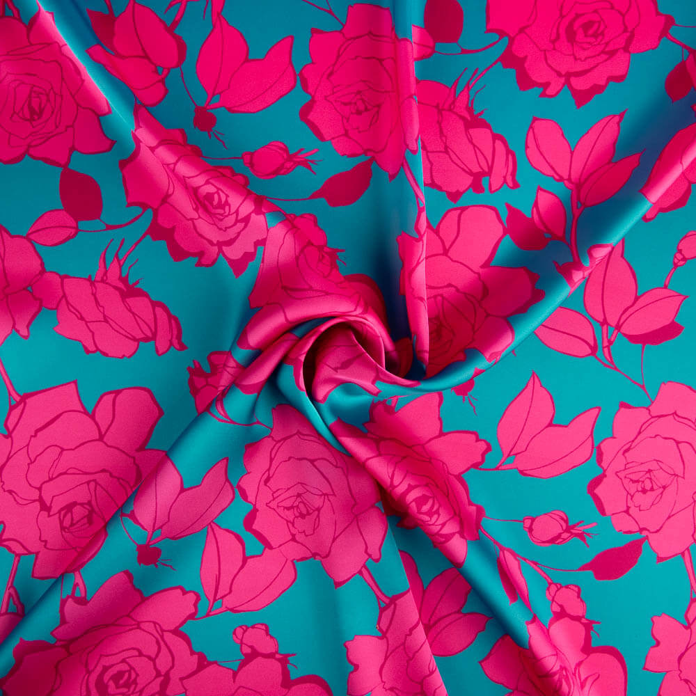 Satén Estampado Flor Caipi Fucsia - Ribes y Casals