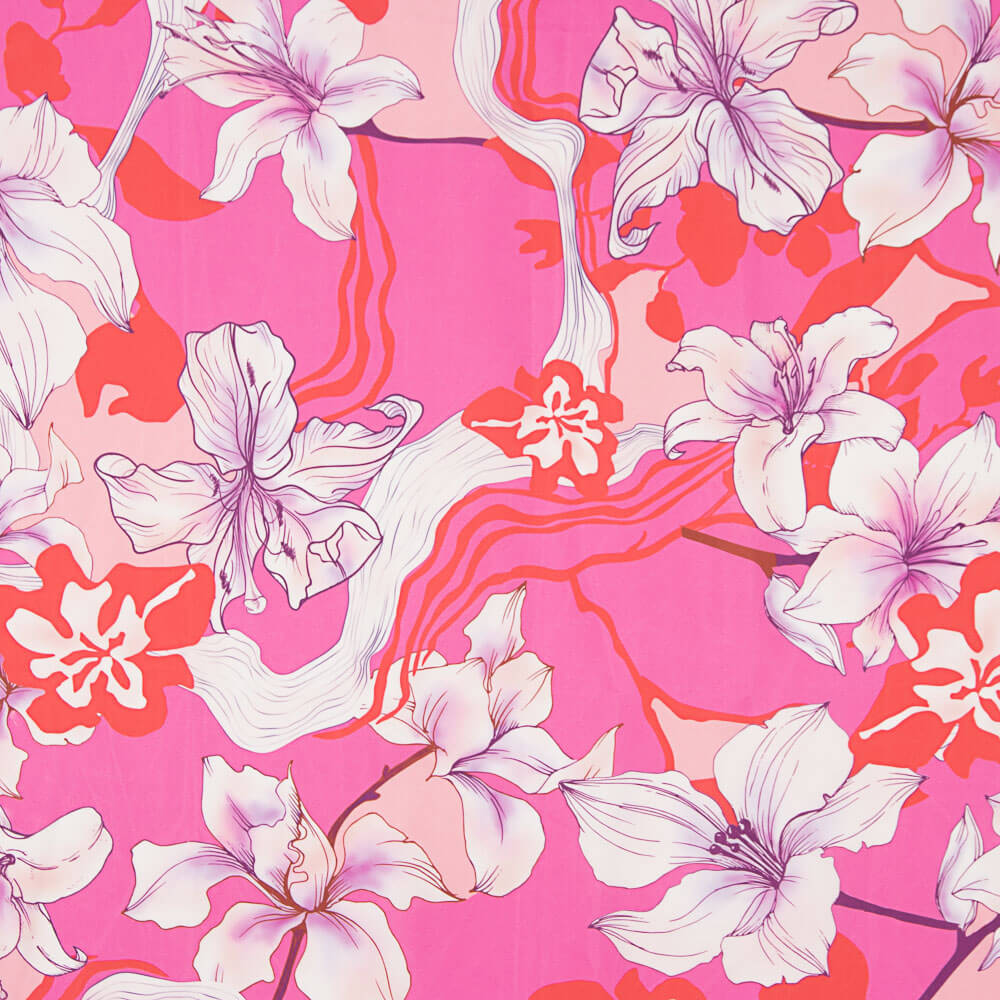 Satén Estampado Polinesia Fucsia - Ribes y Casals