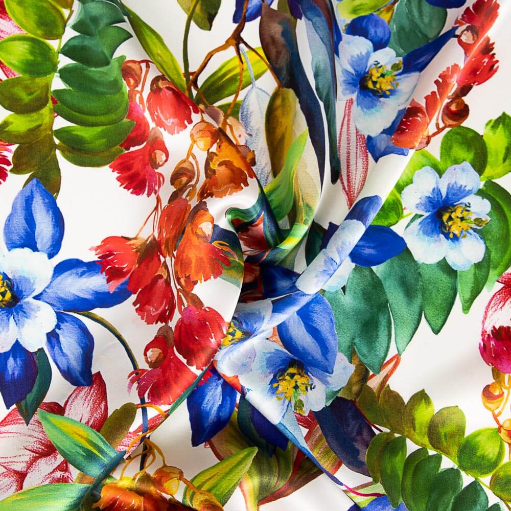 Satén Seda Natural Estampado Floral Azul - Ribes y Casals