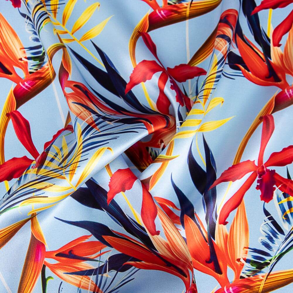 Satén Seda Natural Estampado Floral Azul Denim - Ribes y Casals