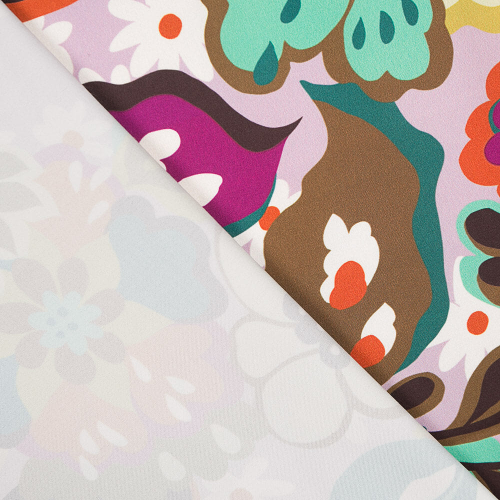 Satén Spandex Flor Pintura Malva - Ribes y Casals