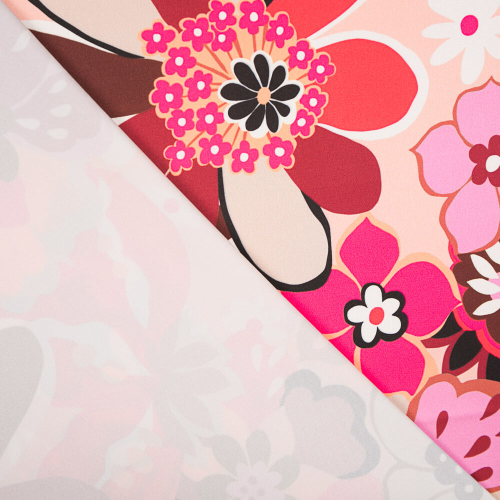 Satén Spandex Flor Pintura Rosa - Ribes y Casals