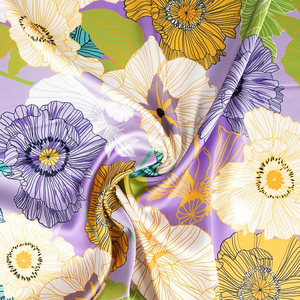 Satén Spandex Flor Retro Maxi Lila - Ribes y Casals