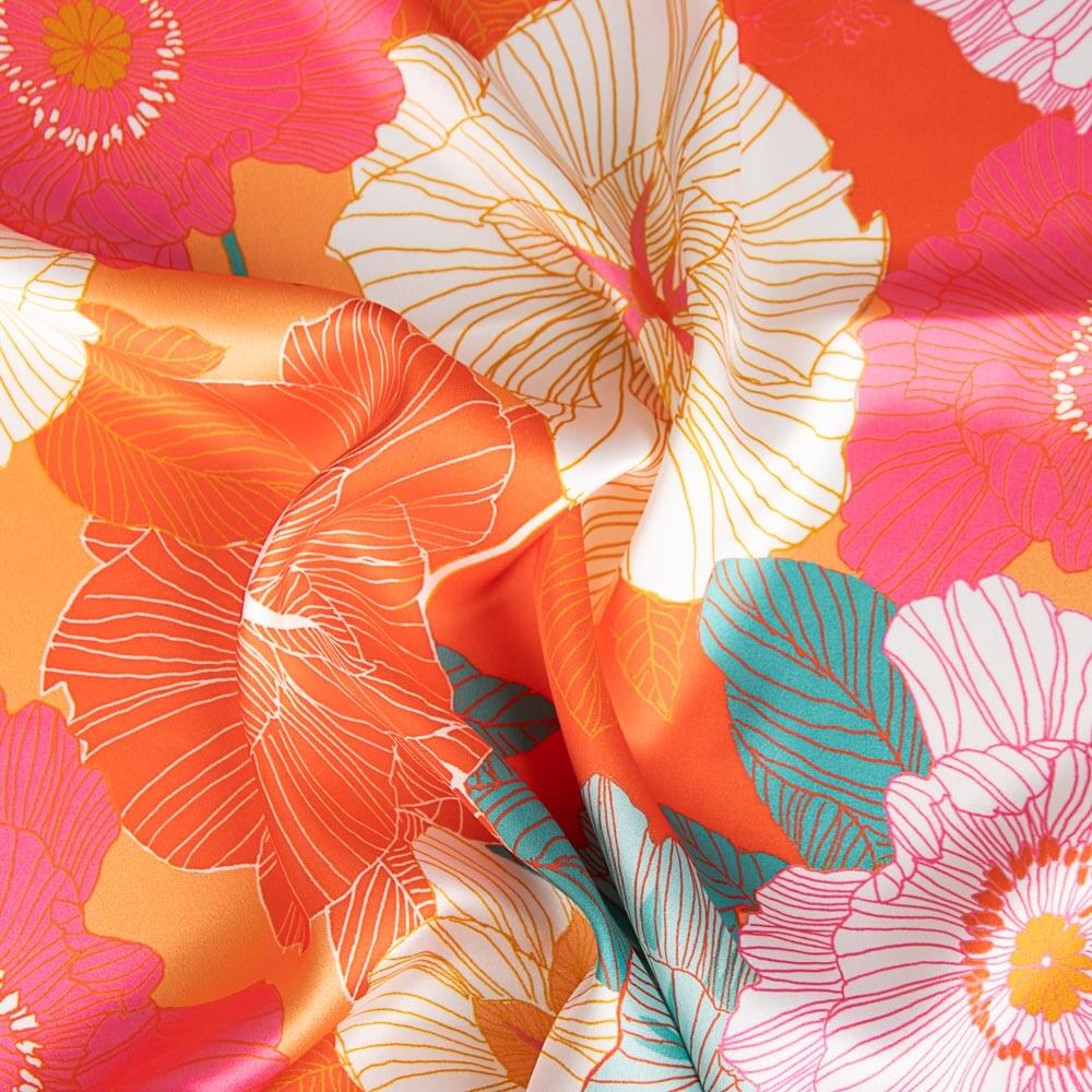 Satén Spandex Flor Retro Maxi Naranja - Ribes y Casals