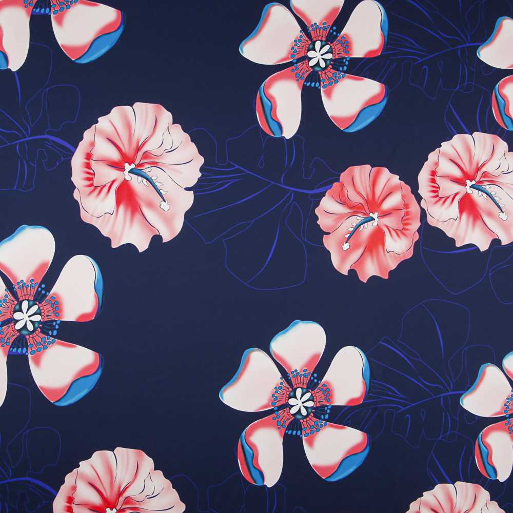 Satén Moda Hibiscus Azul Noche - Ribes y Casals