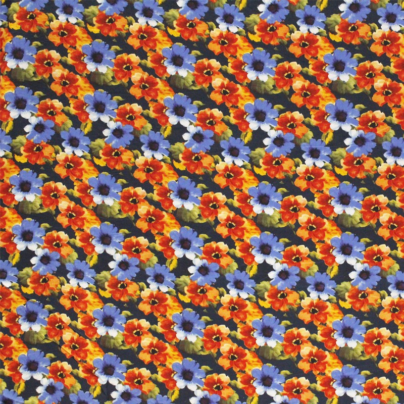 Satén Poliéster Flor Pintada Marino - Ribes y Casals
