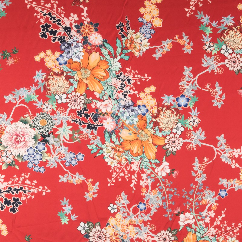 Satén Poliéster Floral Rojo - Ribes y Casals