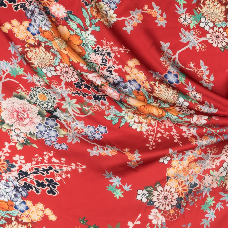 Satén Poliéster Floral Rojo - Ribes y Casals