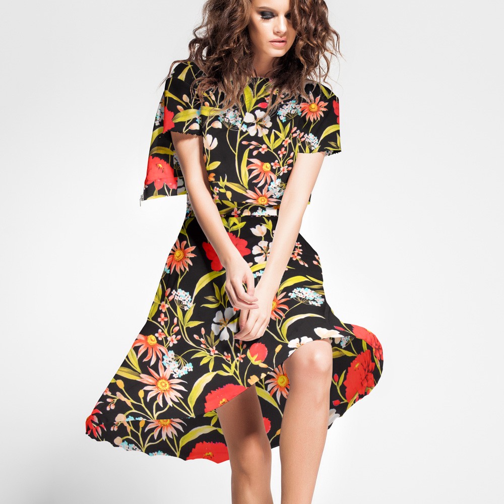 Satén Seda Italiana Floral Negro - Ribes y Casals