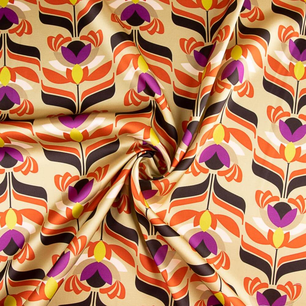 Satén Spandex Flores Beige Doré - Ribes y Casals