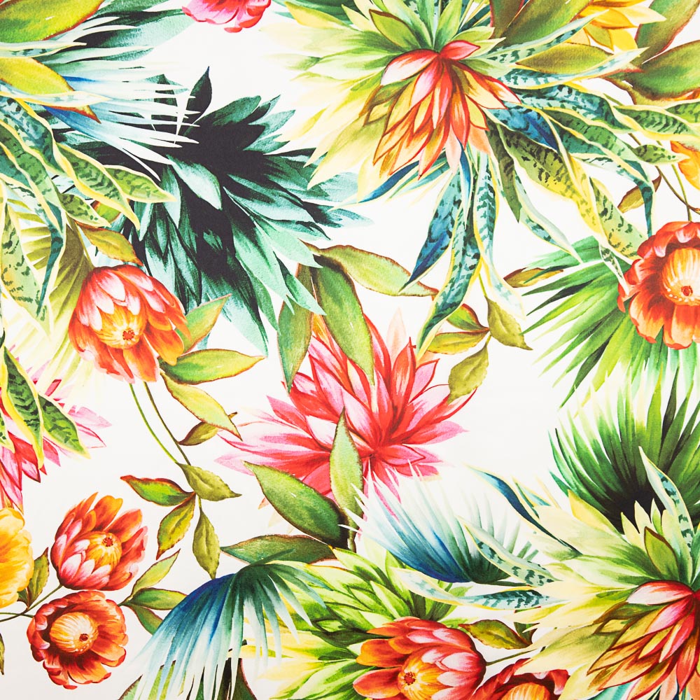 Satén Seda Natural Estampado Flor Tropical Blanco - Ribes y Casals