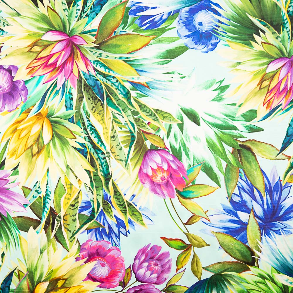 Satén Seda Natural Estampado Flor Tropical Verde Agua - Ribes y Casals