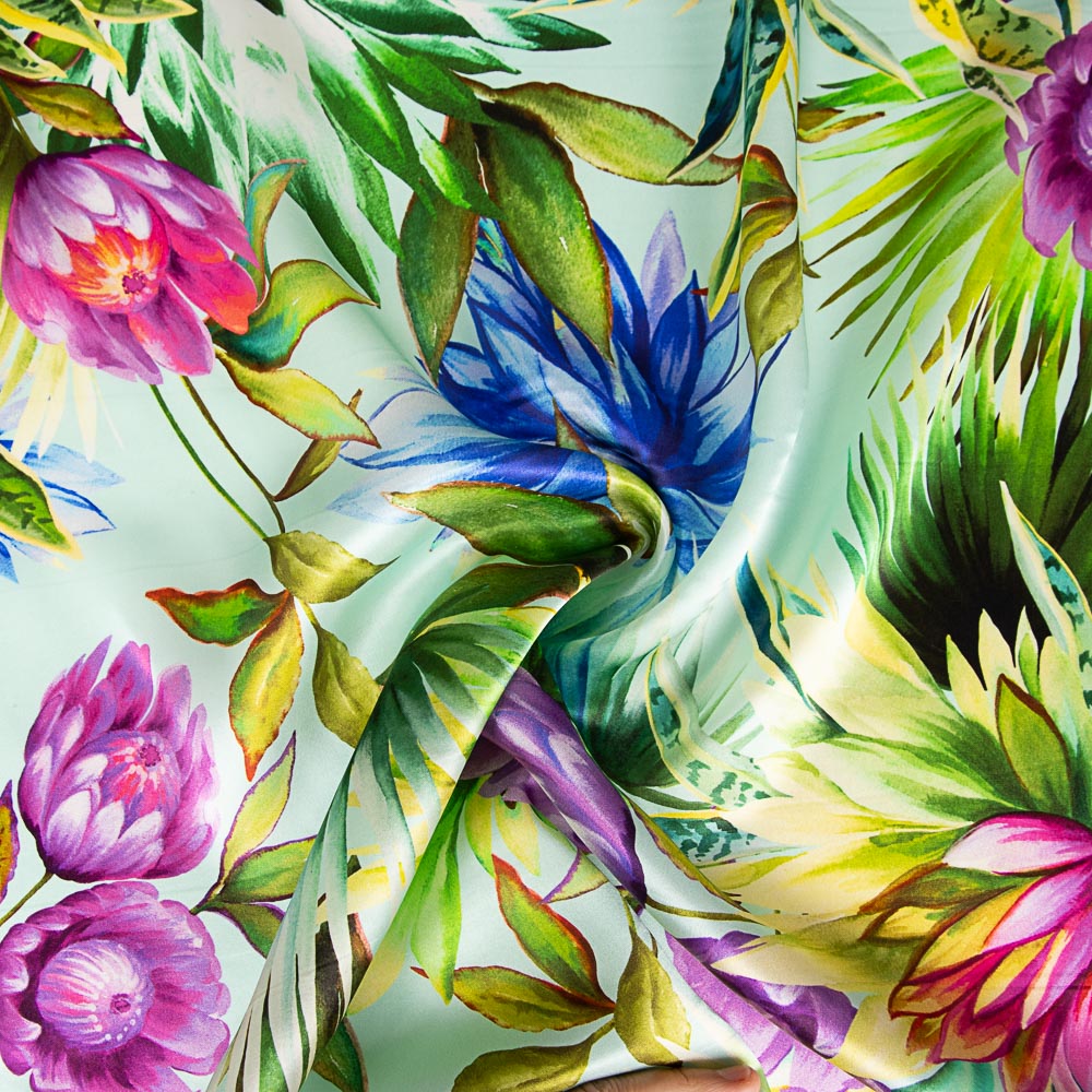 Satén Seda Natural Estampado Flor Tropical Verde Agua - Ribes y Casals