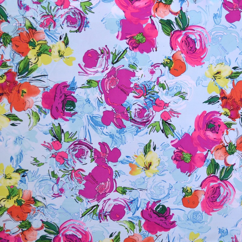 Tela Crepe Estampada Flor Acuarela Azul Cielo - Ribes y Casals