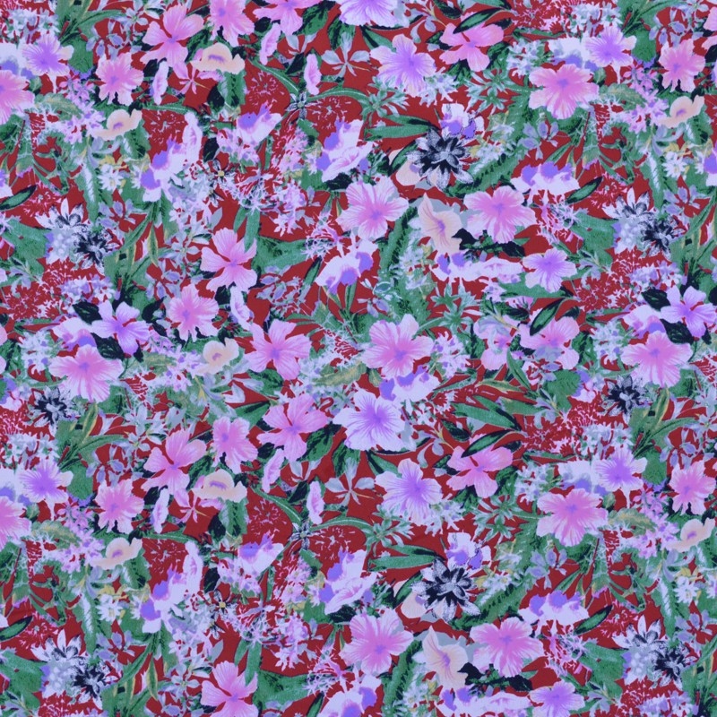 Tela Crepe Estampada Flor Hibiscus Fondo Rojo - Ribes y Casals