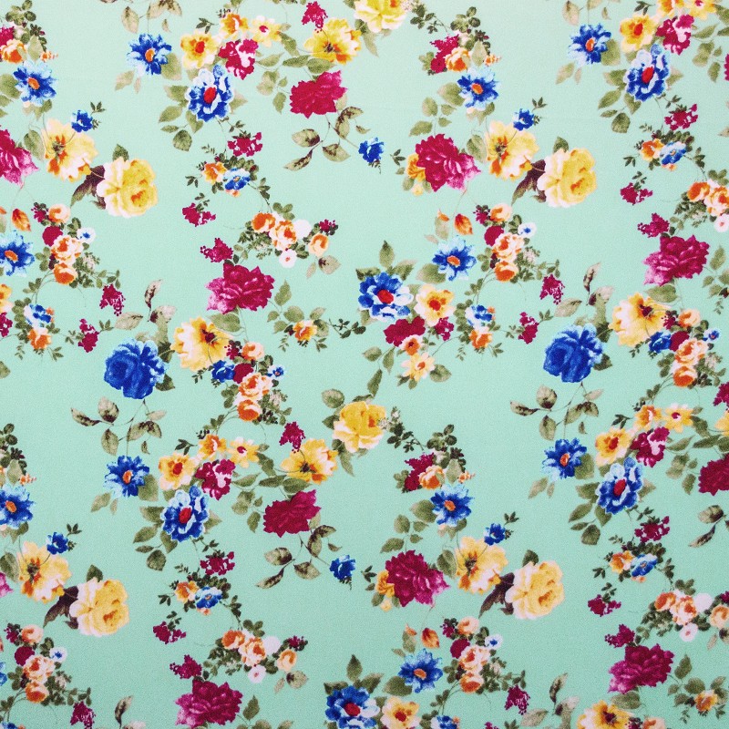 Tela Crepe Flores Bouquet Verde Agua - Ribes y Casals