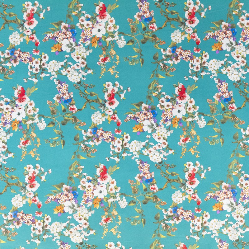 Tela Crepe Flores Kimono Aguamarina - Ribes y Casals