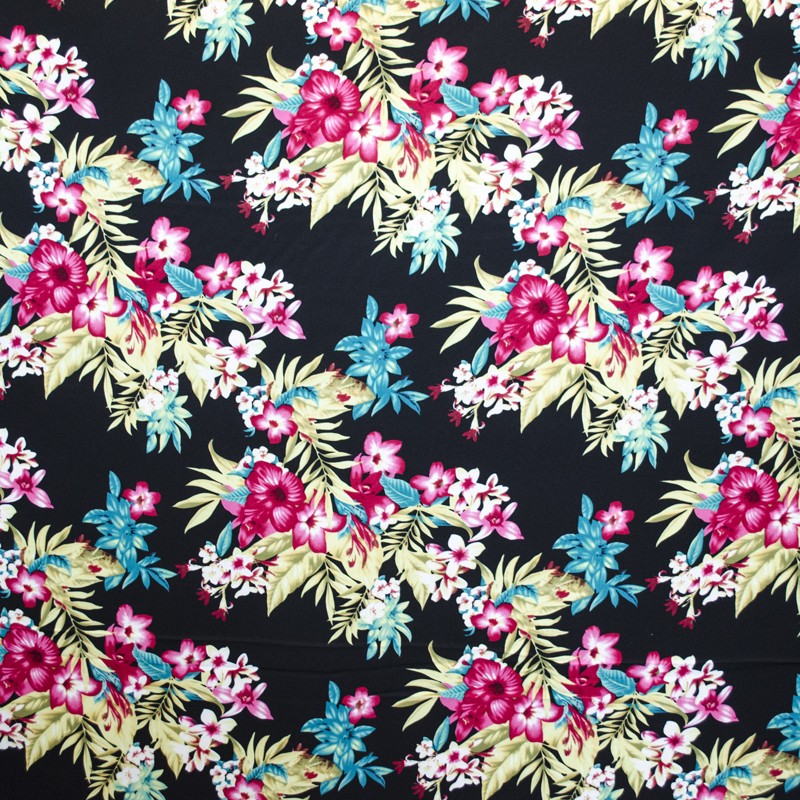 Tela Crepe Flores Tropical Negra - Ribes y Casals