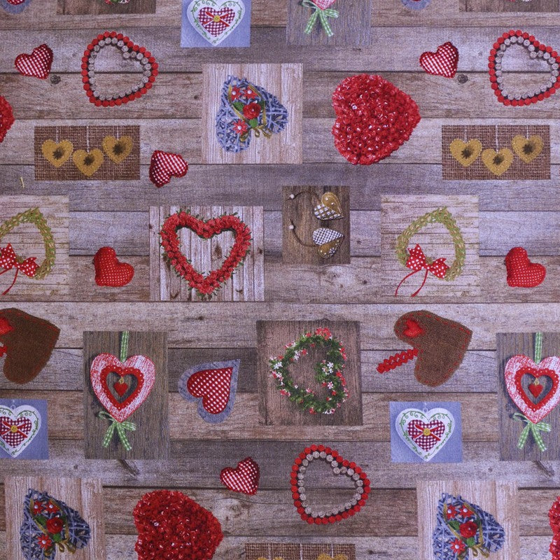 Tela Loneta Corazones Madera Marrón - Ribes y Casals
