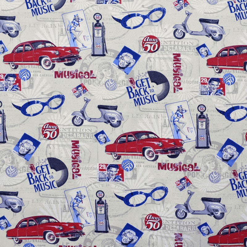 Tela Loneta Estampada Ruta 66 Cruda - Ribes y Casals