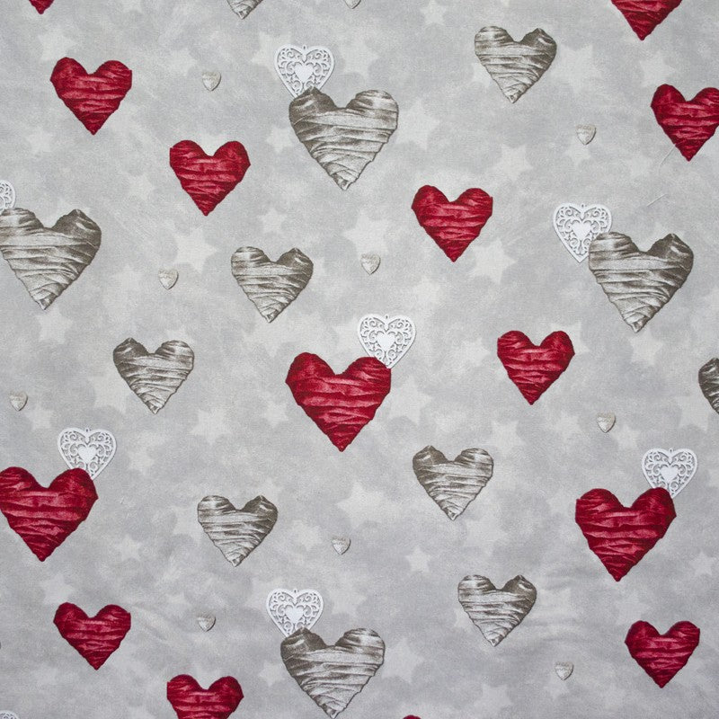 Tela Loneta Navidad Corazones Gris - Ribes y Casals