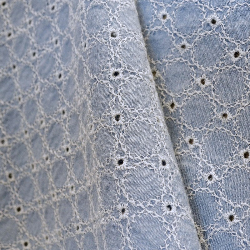 Tela Popelín Bordado Círculos Azul - Ribes y Casals