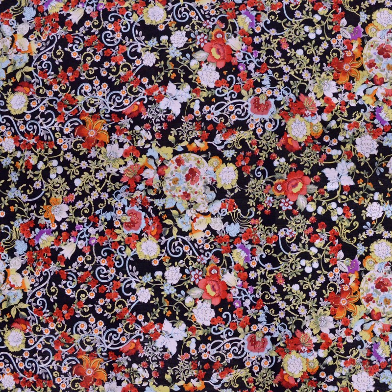 Tela Popelín Flamenca Flor Kimono Negra - Ribes y Casals