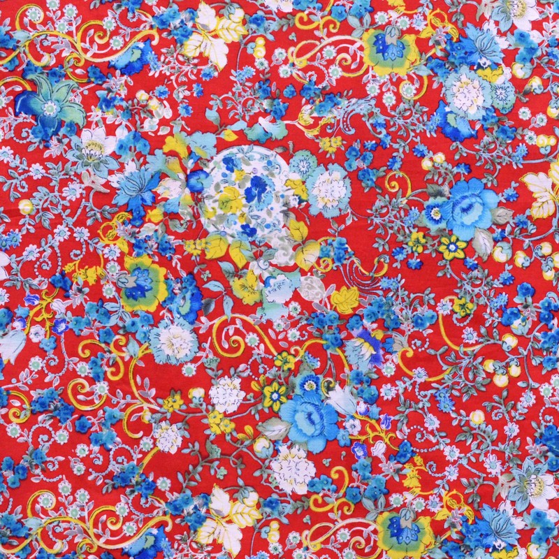 Tela Popelín Flamenca Flor Kimono Roja - Ribes y Casals
