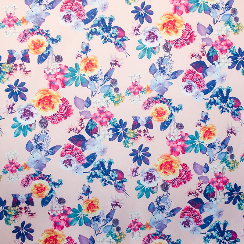 Tela Sarga Poliéster Flores Fondo Rosa - Ribes y Casals