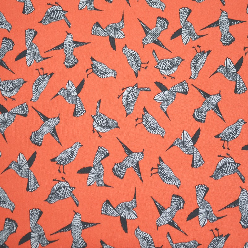 Tela Viscosa Estampada Pájaros Naranja - Ribes y Casals